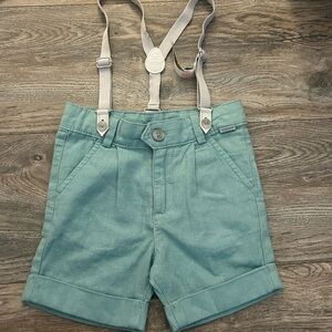 Boboli boys green aqua shorts with suspenders size 2 2t